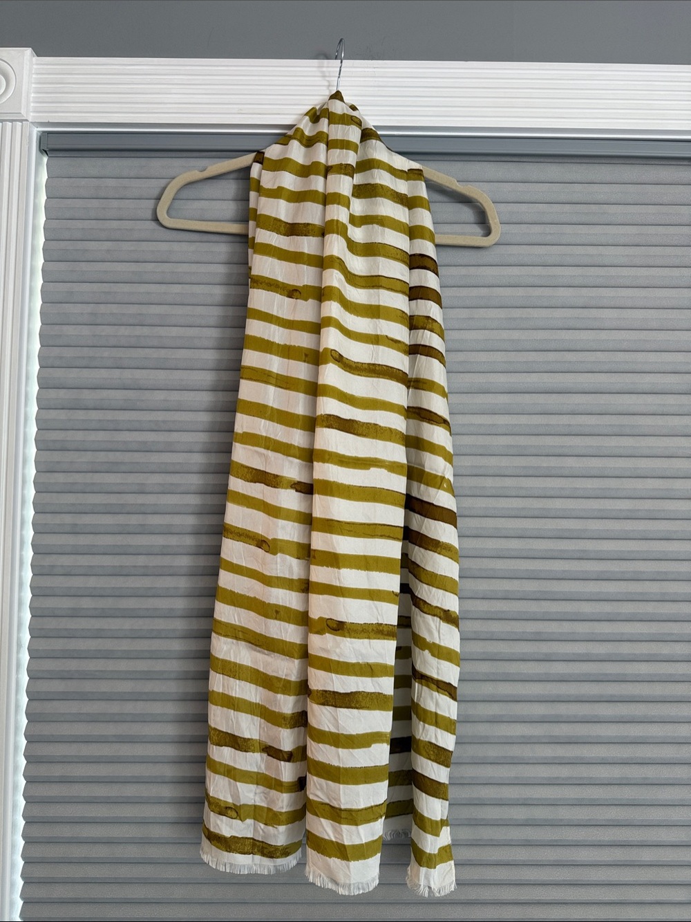 J. Crew Olive and White Striped silk scarf